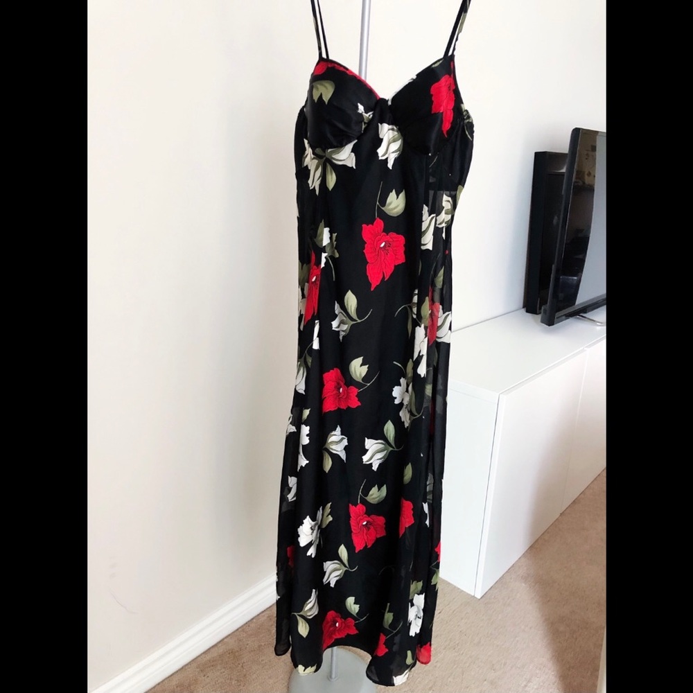 NWOT Black Red Floral Print Satin Slip Dress